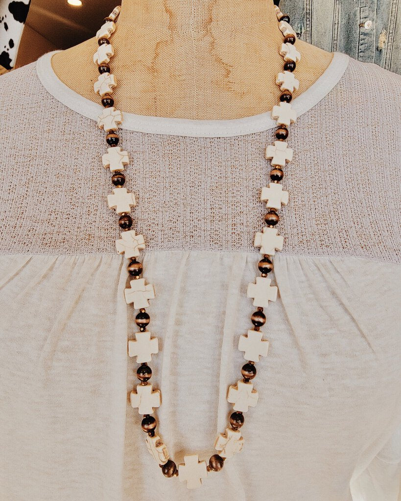 Boho Cream Cross Bronze Beaded Necklace