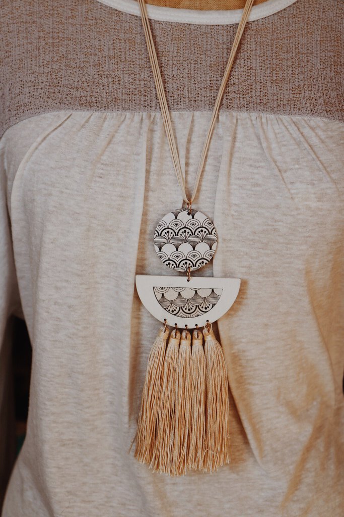 Boho Cream Aztec Tassel Necklace