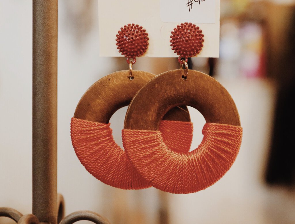 Wooden Boho Earrings w/ Red Yarn