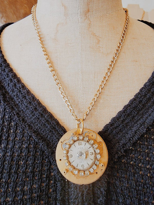 Handmade Rhinestone Clock Necklace