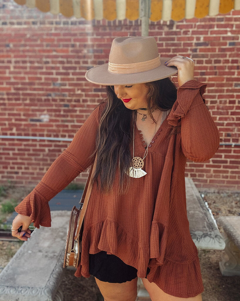 Waffle Bell Sleeve Flare Top