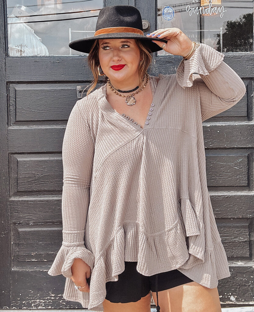 Waffle Bell Sleeve Flare Top