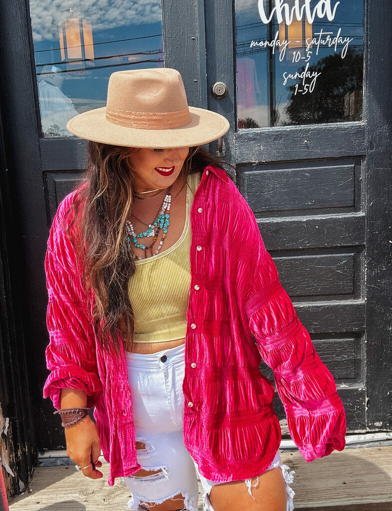 Scrunched Velvet Button Down Top