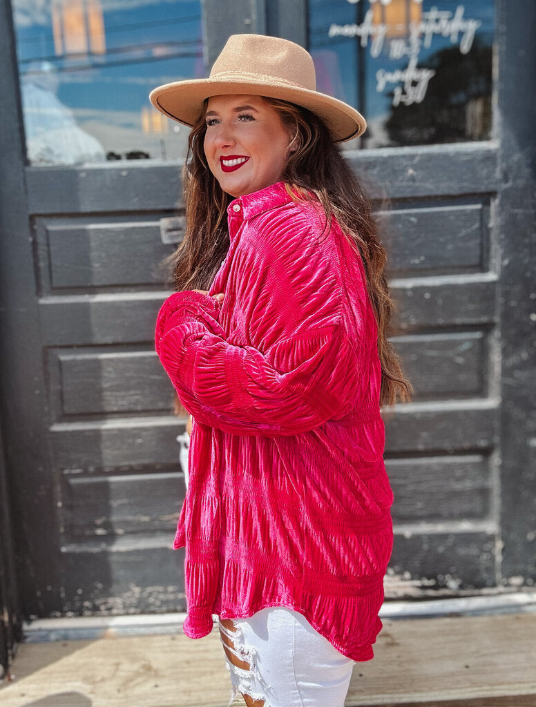 Scrunched Velvet Button Down Top