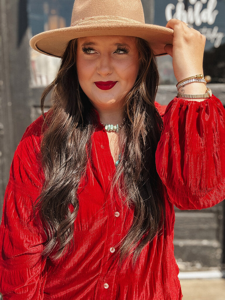 Scrunched Velvet Button Down Top