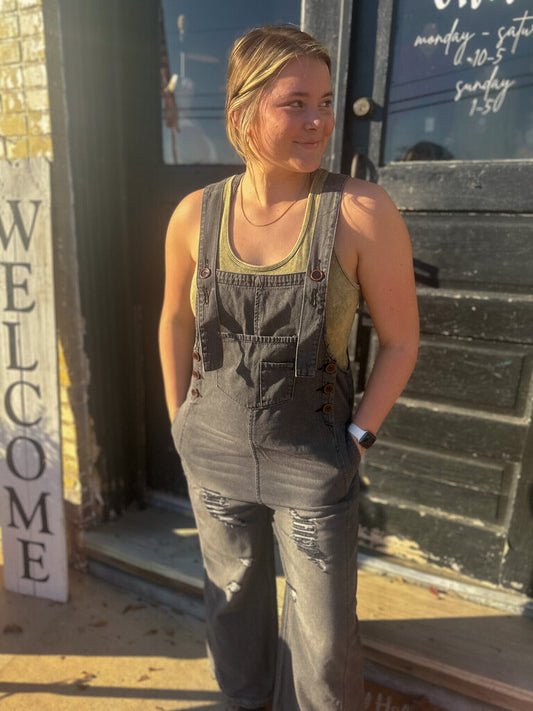 Distressed Black Overalls