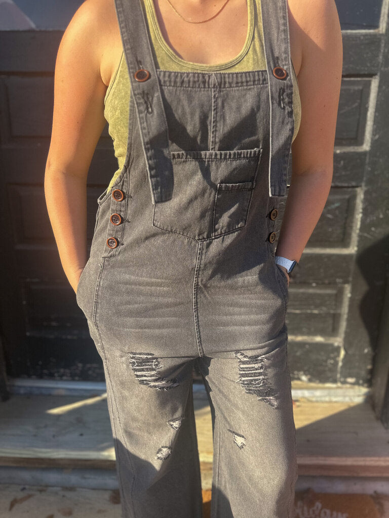 Distressed Black Overalls