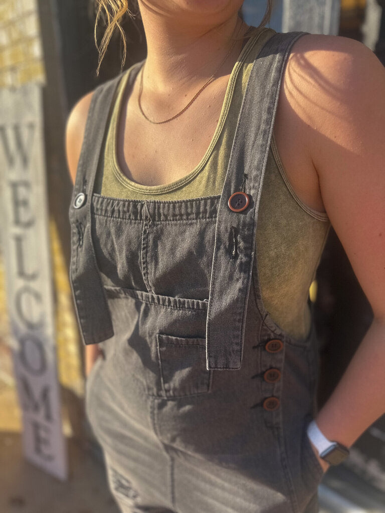 Distressed Black Overalls