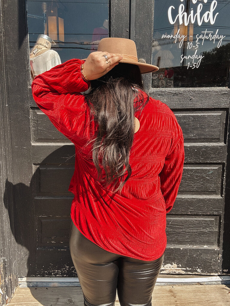 Scrunched Velvet Button Down Top