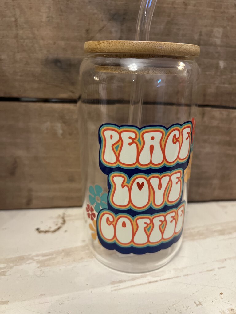 PEACE LOVE COFFEE GLASS CUP