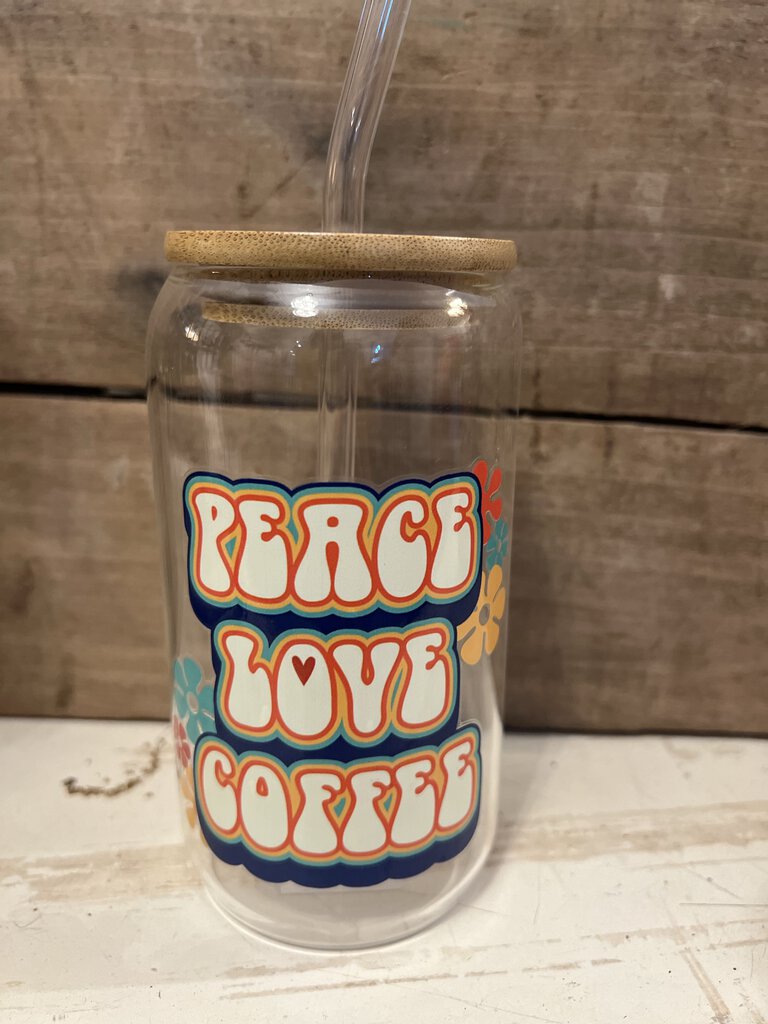 PEACE LOVE COFFEE GLASS CUP