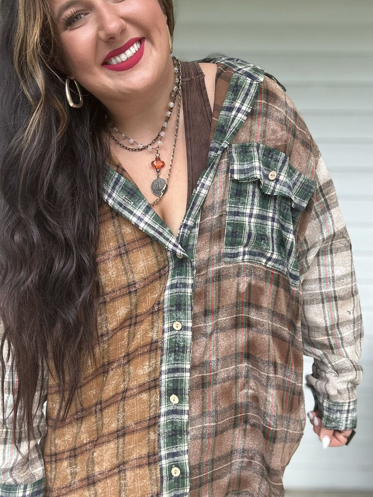 MIX PLAID BUTTON TUNIC