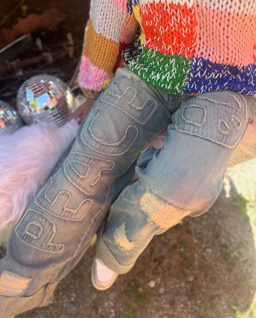 WASHED PATCHWORK PEACE JEANS